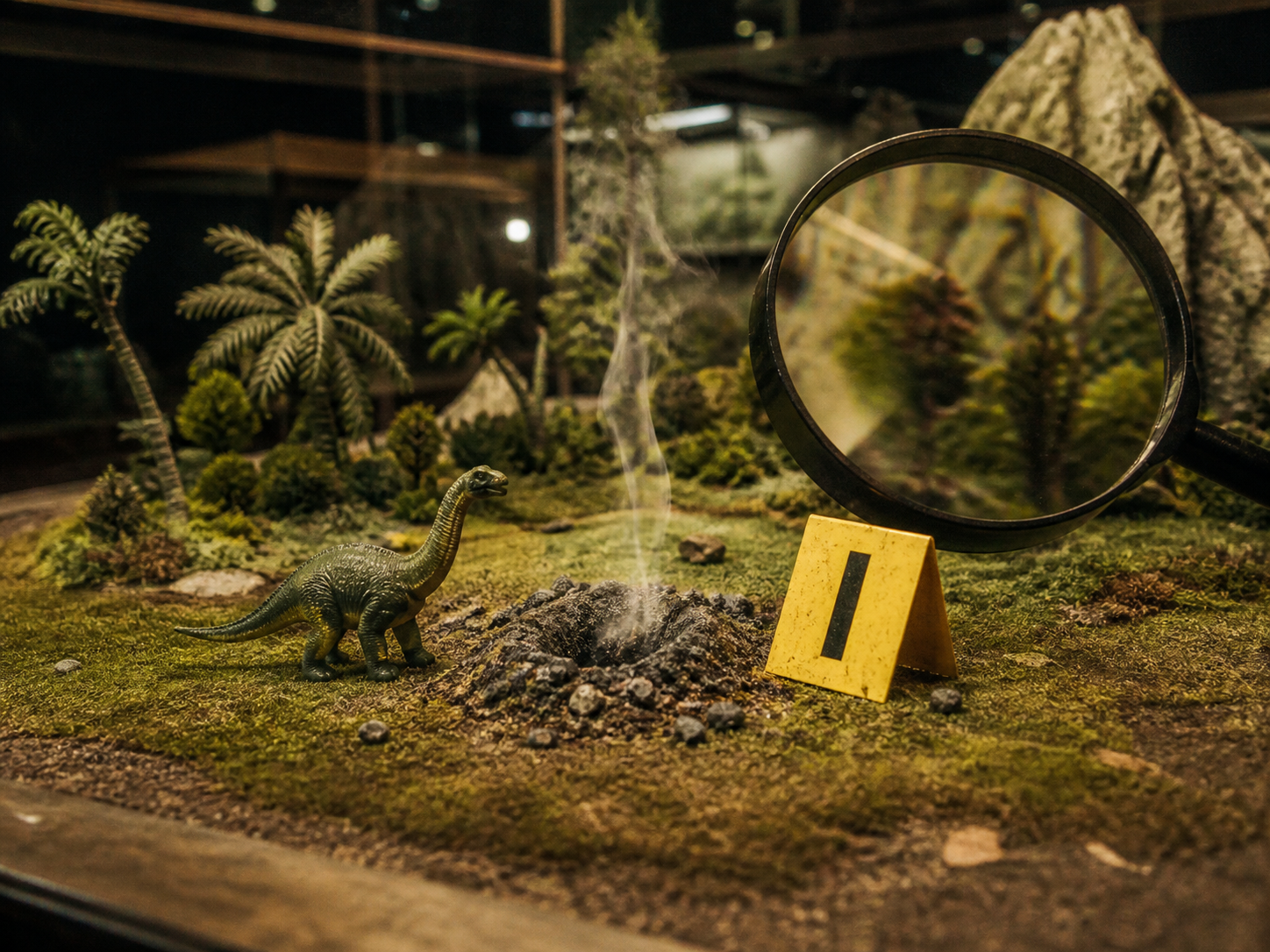 Fictional evidence photo of a miniature dinosaur incident scene