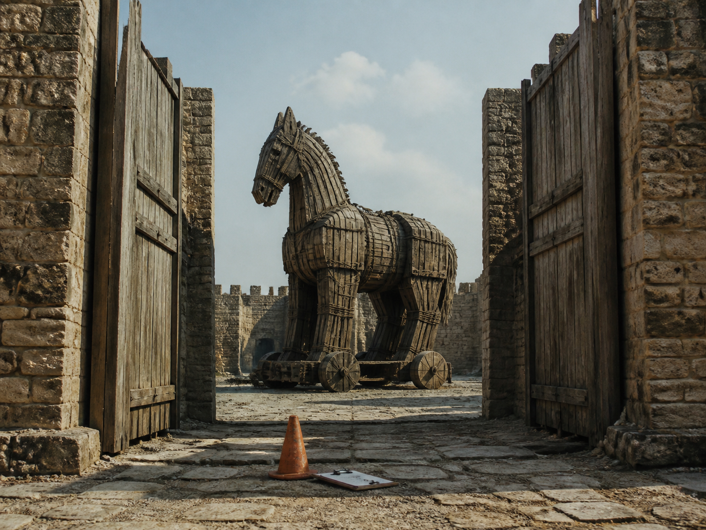 Fictional evidence photo of a wooden horse inside an open city gate
